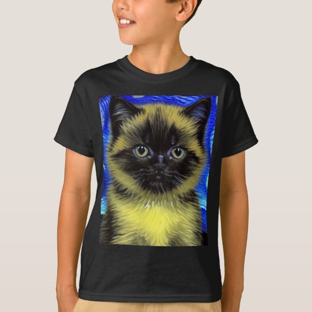Van Gogh Starry Night Siamese Cat T Shirt (Framsida)