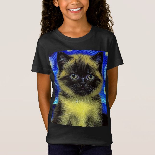 Van Gogh Starry Night Siamese Cat T Shirt (Framsida)