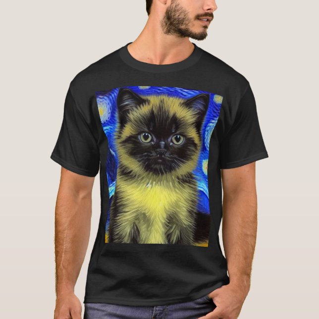 Van Gogh Starry Night Siamese Cat T Shirt (Framsida)