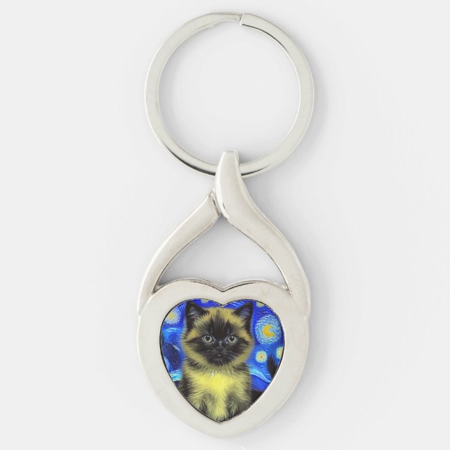 Van Gogh Starry Night Siamese Cat Twisted Heart Silverfärgad Nyckelring (Framsidan)