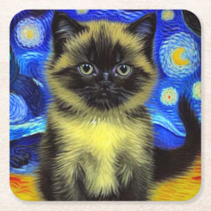 Van Gogh Starry Night Siamese Cat Underlägg Papper Kvadrat