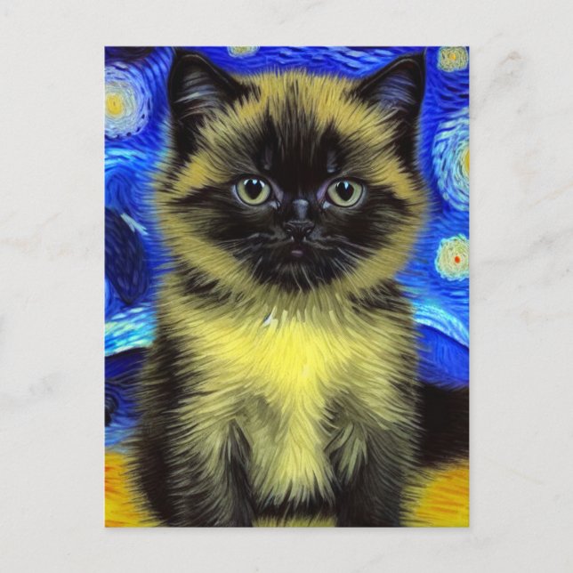 Van Gogh Starry Night Siamese Cat Vykort (Framsida)
