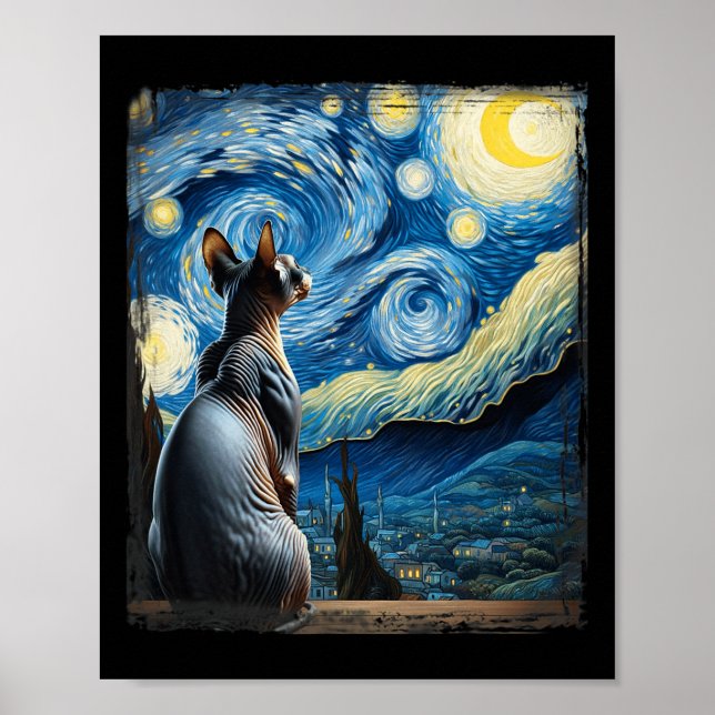Van Gogh Starry Night Stil Artistic Sphynx Cat Poster (Framsidan)