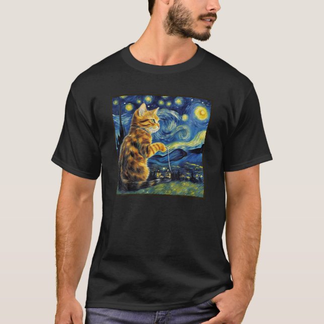Van Gogh Starry Night Tabby katt T Shirt (Framsida)