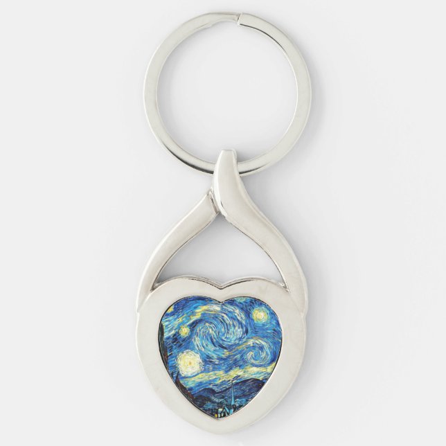 Van Gogh - Starry Night Twisted Heart Silverfärgad Nyckelring (Framsidan)