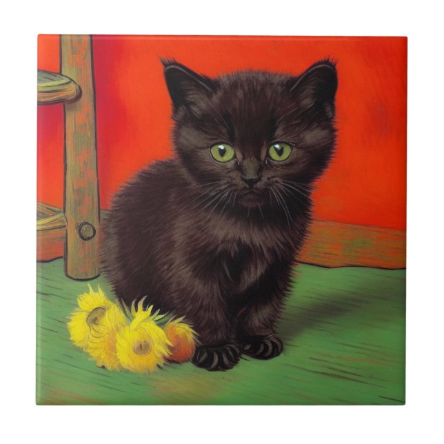 Van Gogh Stil Black Cat Kakelplatta (Framsidan)