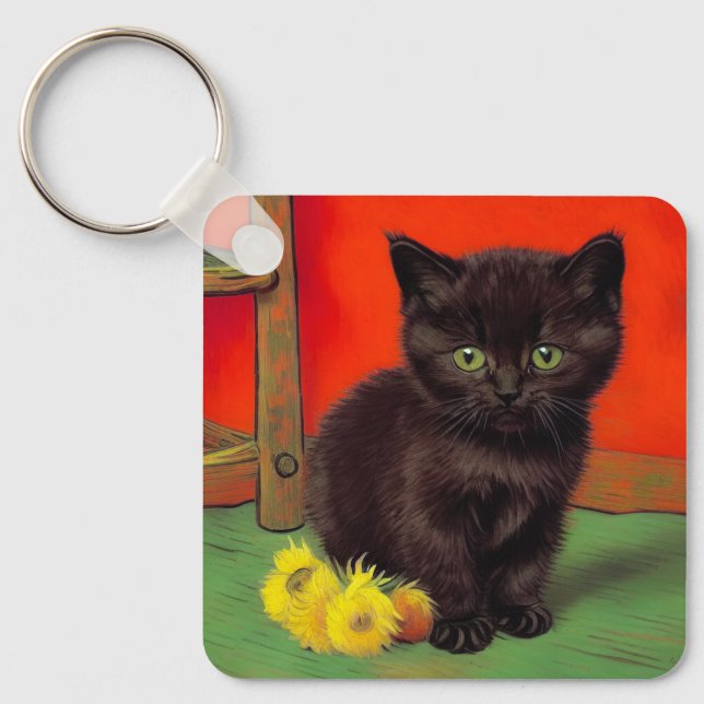 Van Gogh Stil Black Cat Nyckelring (Framsida)