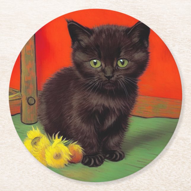 Van Gogh Stil Black Cat Underlägg Papper Rund (Framsidan)