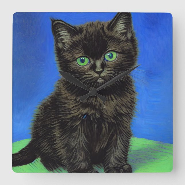 Van Gogh Stil Black Kitten Fyrkantig Klocka (Framsida)