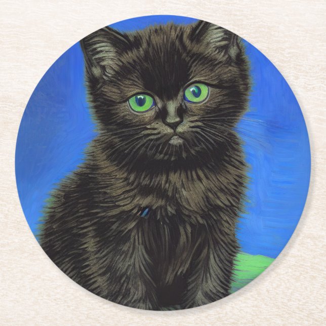 Van Gogh Stil Black Kitten Underlägg Papper Rund (Framsidan)