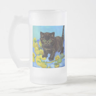 Van Gogh Stil Cat med solblommor Frostat Ölglas