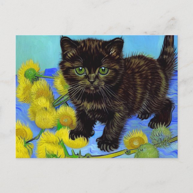 Van Gogh Stil Cat med solblommor Helg Vykort (Framsida)