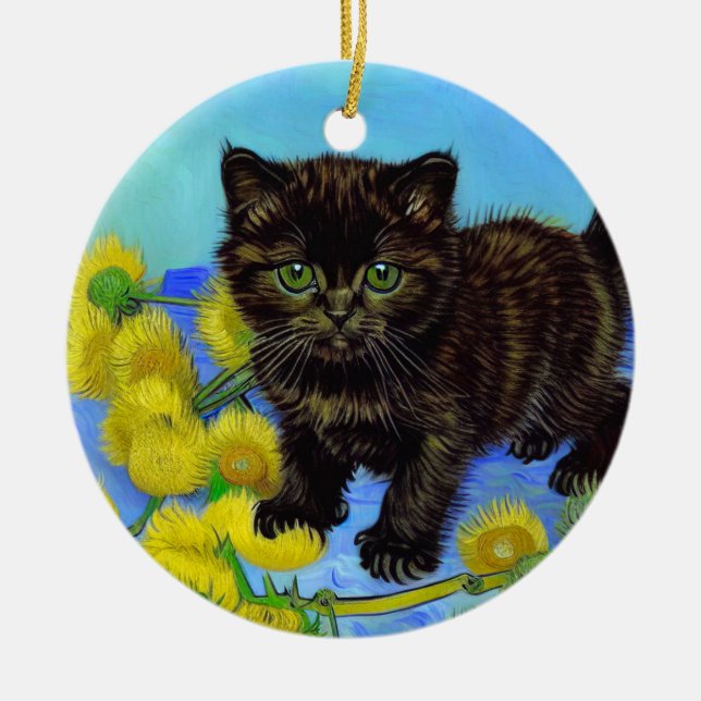 Van Gogh Stil Cat med solblommor Julgransprydnad Keramik (Framsidan)