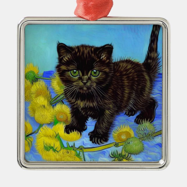 Van Gogh Stil Cat med solblommor Julgransprydnad Metall (Framsidan)