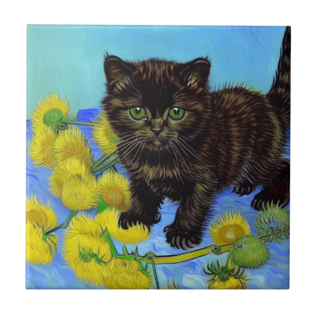 Van Gogh Stil Cat med solblommor Kakelplatta (Framsidan)