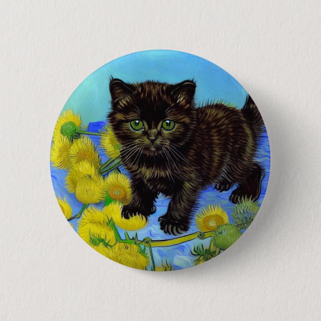 Van Gogh Stil Cat med solblommor Knapp (Framsida)