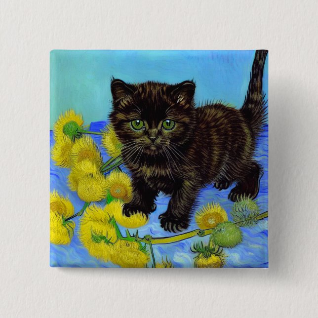 Van Gogh Stil Cat med solblommor Knapp (Framsida)