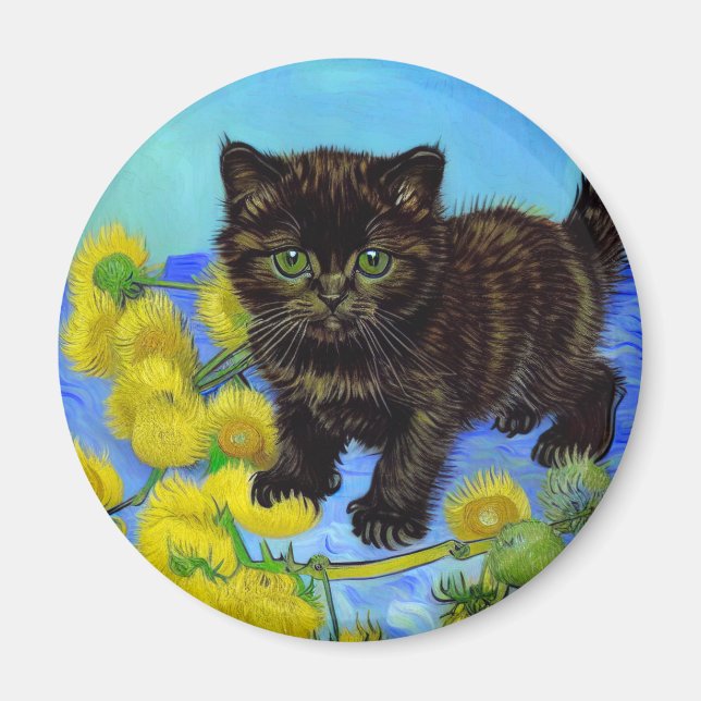 Van Gogh Stil Cat med solblommor Magnet (Framsidan)