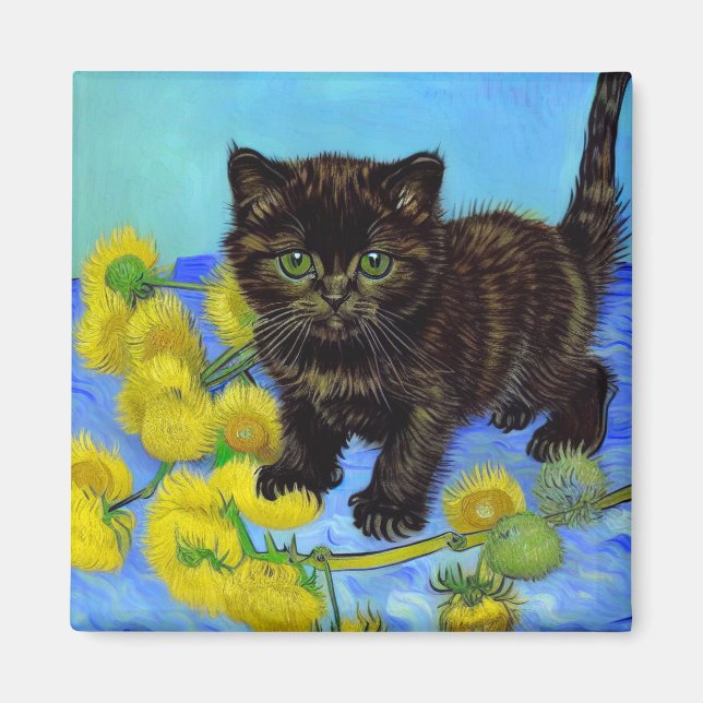 Van Gogh Stil Cat med solblommor Magnet (Framsidan)
