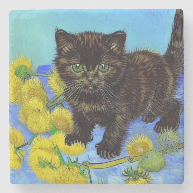 Van Gogh Stil Cat med solblommor Stenunderlägg (Framsidan)