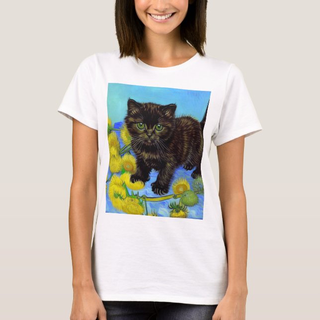 Van Gogh Stil Cat med solblommor T Shirt (Framsida)