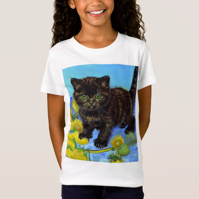 Van Gogh Stil Cat med solblommor T Shirt (Framsida)