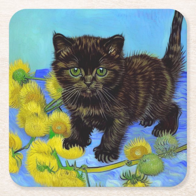 Van Gogh Stil Cat med solblommor Underlägg Papper Kvadrat (Framsidan)