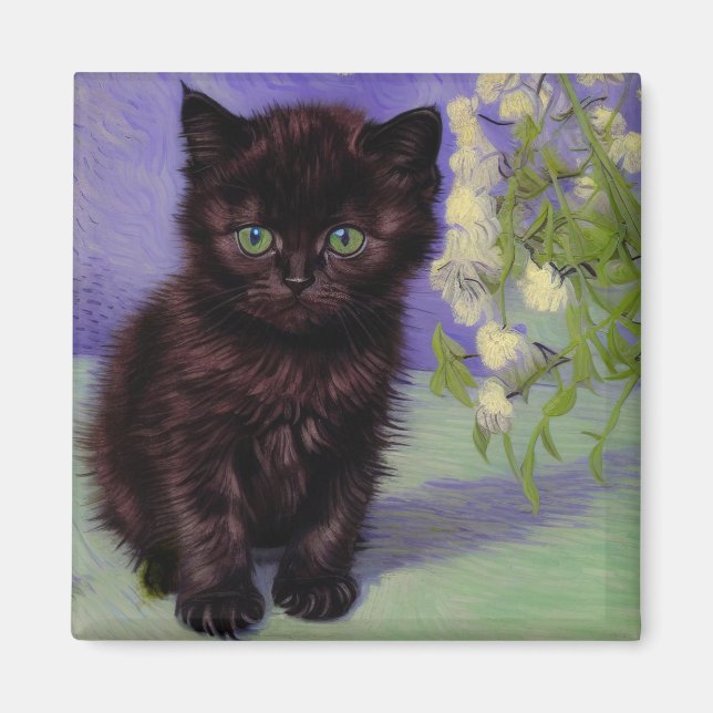 Van Gogh Stil Cat med vita blommor Magnet (Framsidan)