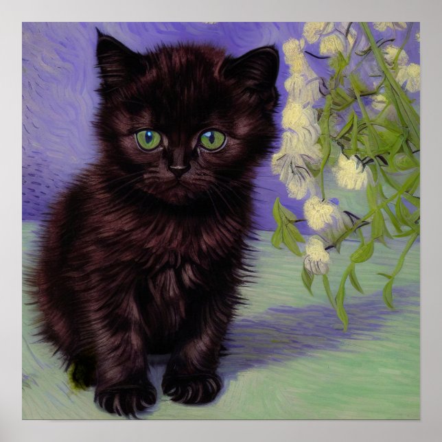 Van Gogh Stil Cat med vita blommor Poster (Framsidan)