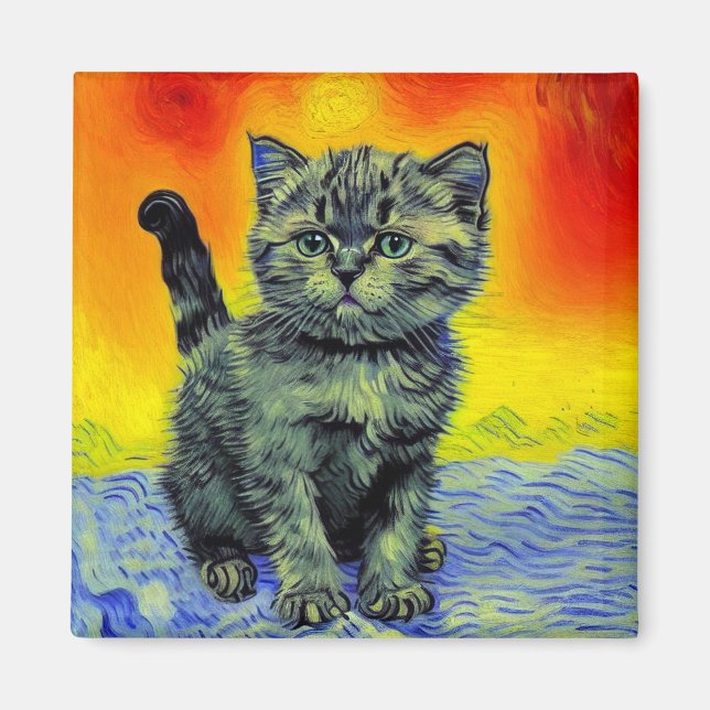 Van Gogh Stil Cat Sunset Beach Magnet (Framsidan)