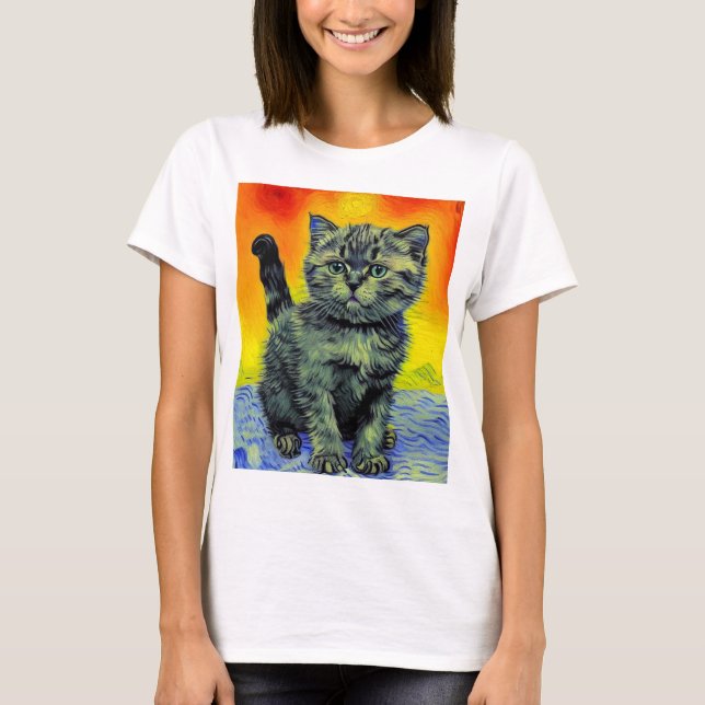 Van Gogh Stil Cat Sunset Beach T Shirt (Framsida)