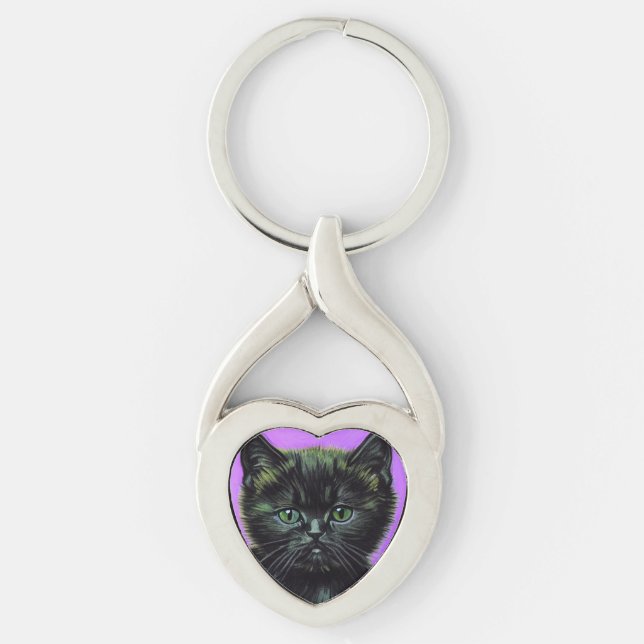 Van Gogh Stil Cat Twisted Heart Silverfärgad Nyckelring (Framsidan)