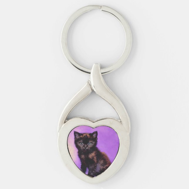 Van Gogh Stil Lila Cat Twisted Heart Silverfärgad Nyckelring (Framsidan)
