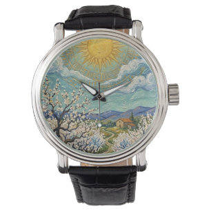Van Gogh stil Mandelträdgård Solbelyst Blomning Fi Armbandsur