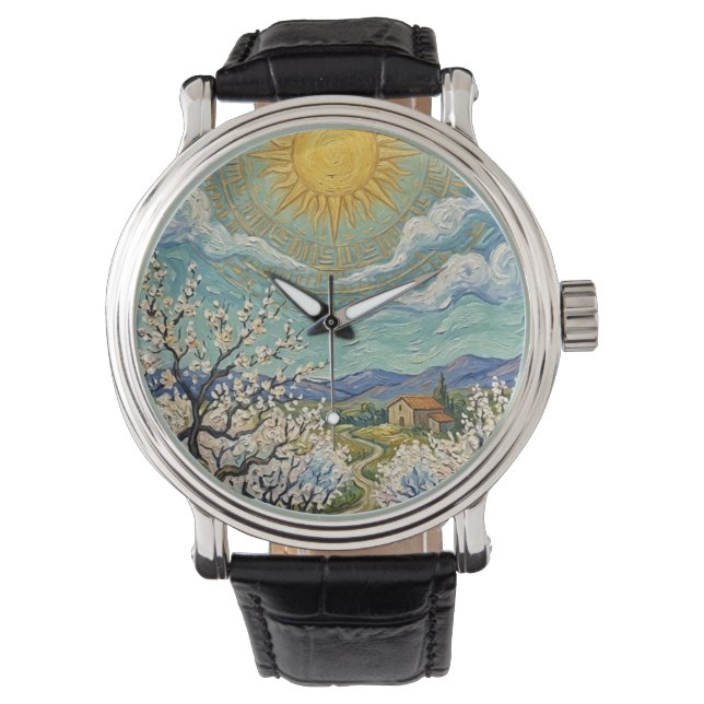 Van Gogh stil Mandelträdgård Solbelyst Blomning Fi Armbandsur (Framsida)