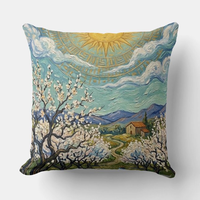 Van Gogh Stil Mandelträdgård Vårblomning Kastthrow Kudde (Framsida)