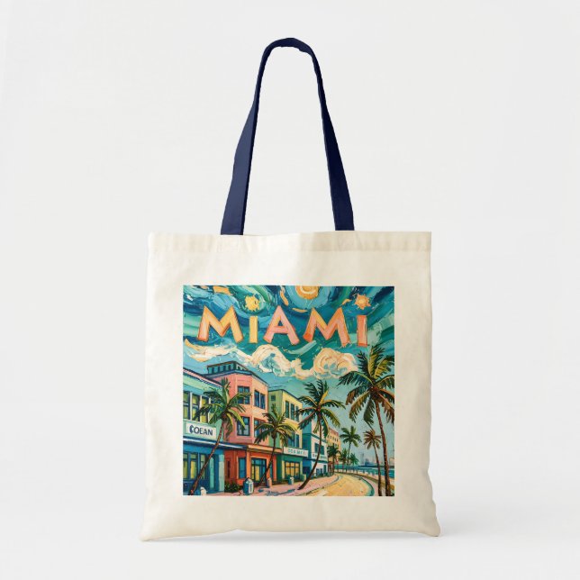 Van Gogh-stil Miami Ocean Drive Färgrik Strand Tygkasse (Framsidan)