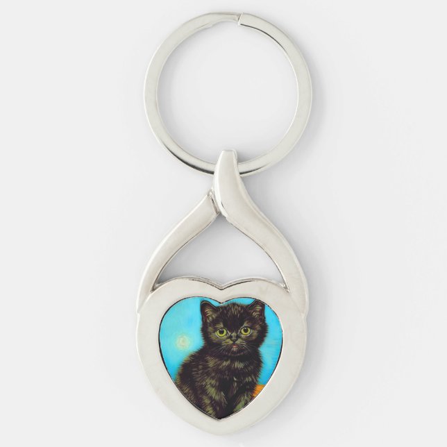 Van Gogh Stil Pouting Kitten Twisted Heart Silverfärgad Nyckelring (Framsidan)