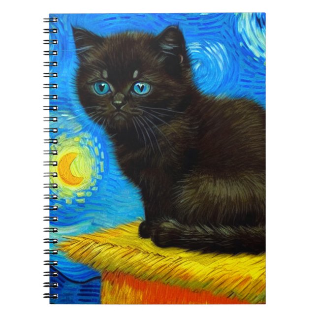 Van Gogh Stil Starry Night Cat Anteckningsbok (Framsidan)