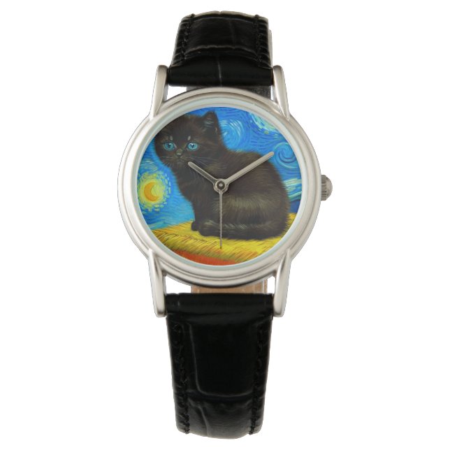 Van Gogh Stil Starry Night Cat Armbandsur (Framsida)