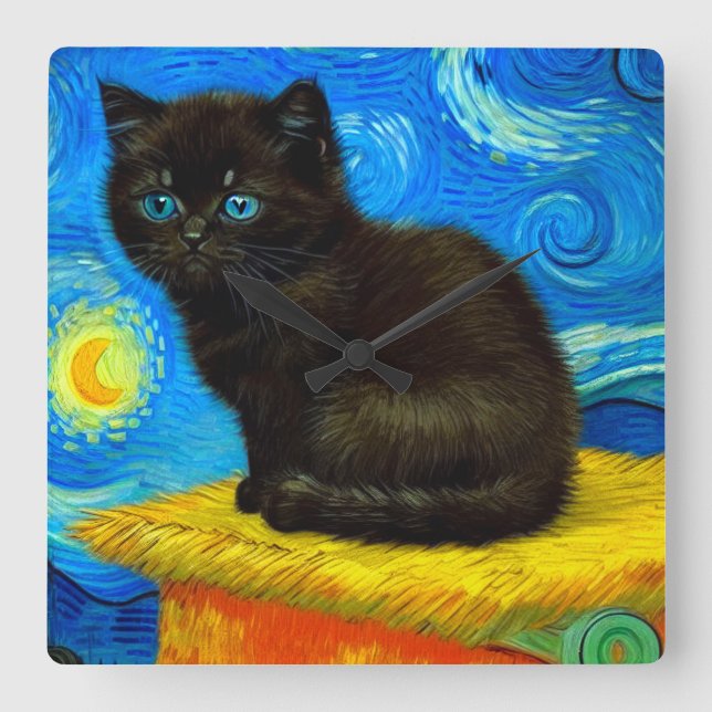 Van Gogh Stil Starry Night Cat Fyrkantig Klocka (Framsida)