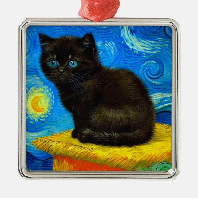 Van Gogh Stil Starry Night Cat Julgransprydnad Metall (Framsidan)