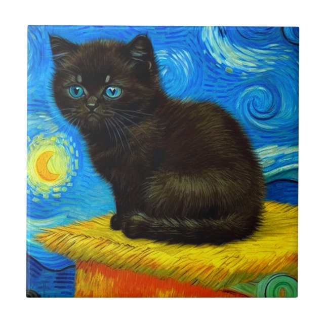 Van Gogh Stil Starry Night Cat Kakelplatta (Framsidan)