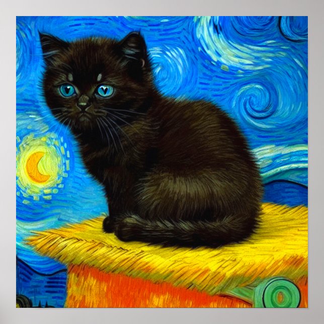 Van Gogh Stil Starry Night Cat Poster (Framsidan)