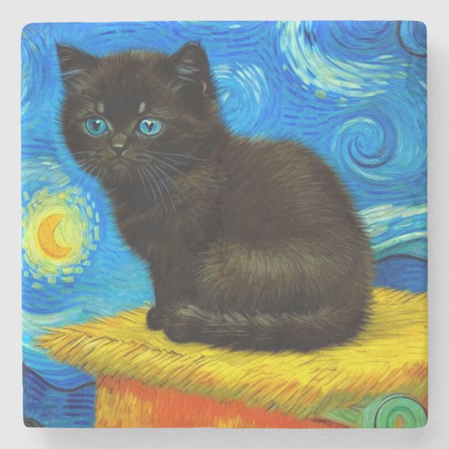 Van Gogh Stil Starry Night Cat Stenunderlägg (Framsidan)