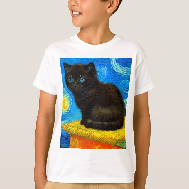 Van Gogh Stil Starry Night Cat T Shirt (Framsida)