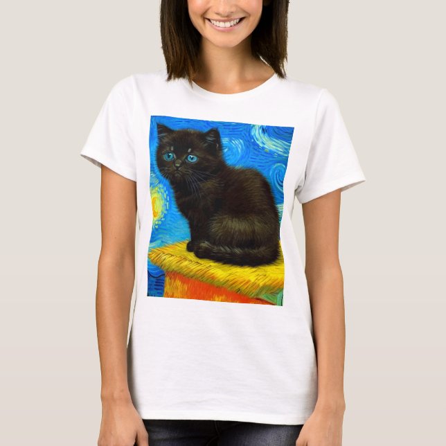 Van Gogh Stil Starry Night Cat T Shirt (Framsida)