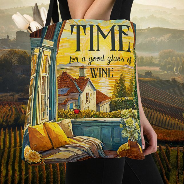 Van Gogh Stil Sunset Vin Älskare Tygkasse (Tote bag featuring a van Gogh style painting of a room overlooking a coast. With a glass of wine! )