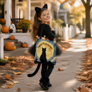 Van Gogh Stil Svart Katt Halloween-handväskor Tygkasse