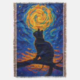 Van Gogh-stil svart katt som betraktar månen Filt